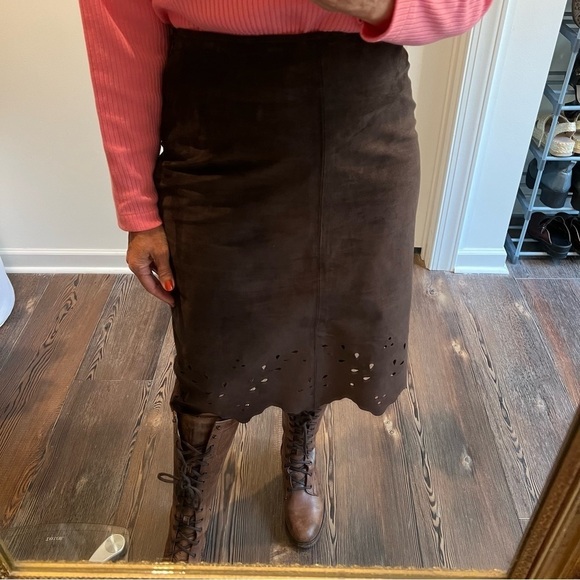 Brown Genuine Suede Leather Knee Length Lined Cutouts Skirt laser Size Medium - Picture 10 of 10